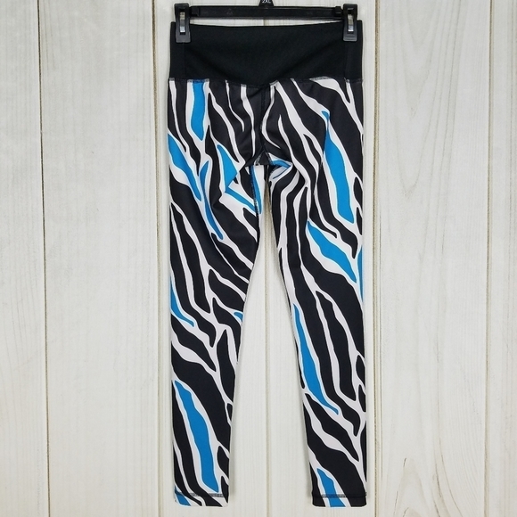 Adidas Black Blue Zebra Stripe Medium Rise Compression Leggings - Picture 1 of 9